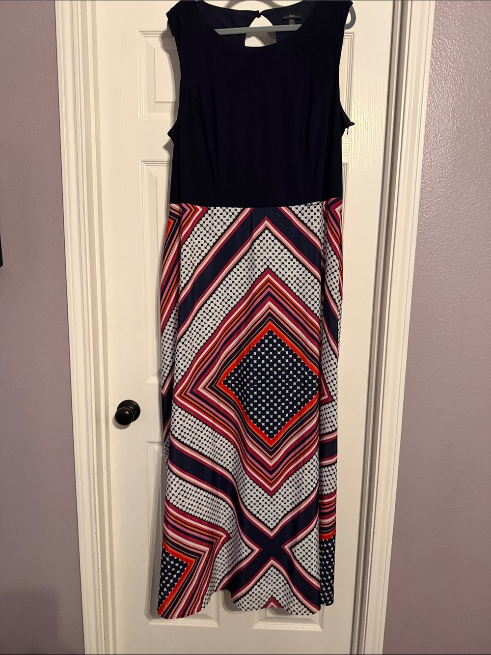 R&K Navy Bodice Maxi Dress with Multicolor Geometric Skirt